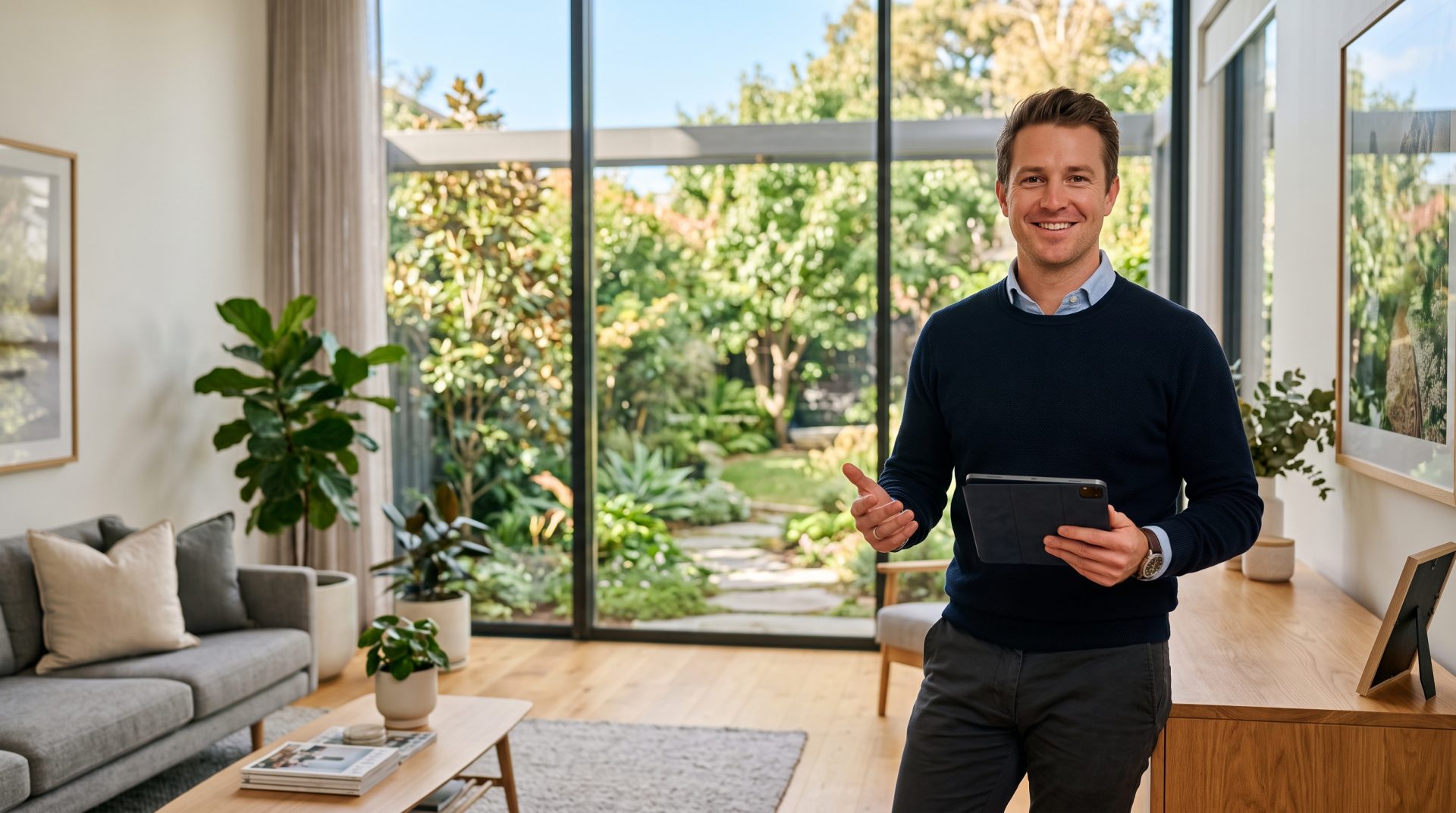 Lächelnder Immobilienmakler in einer hellen Wohnung